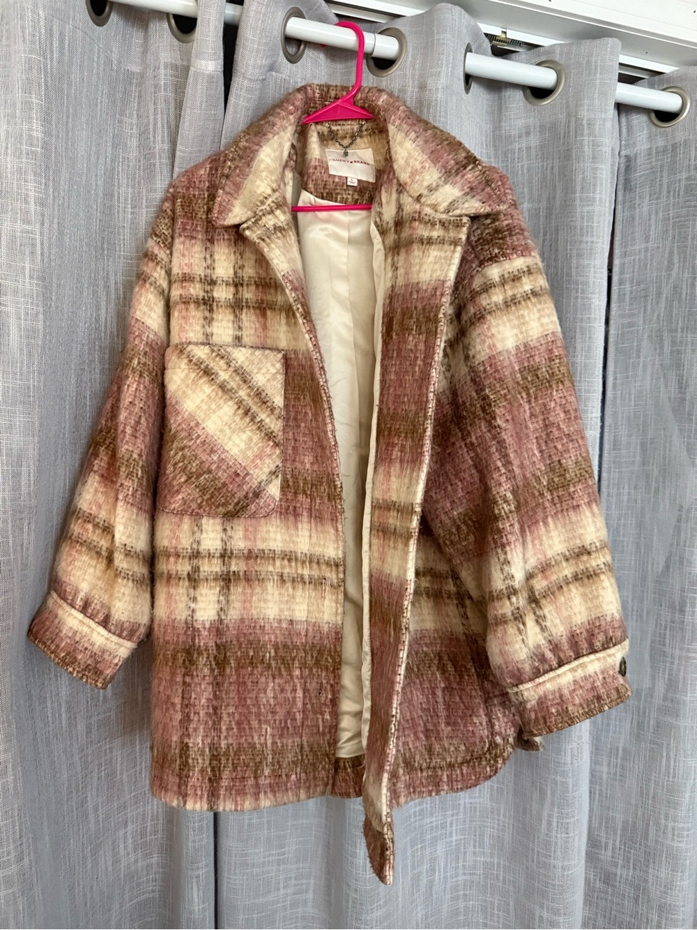 Lucky Brand Mauve and Cream Plaid Pea Coat